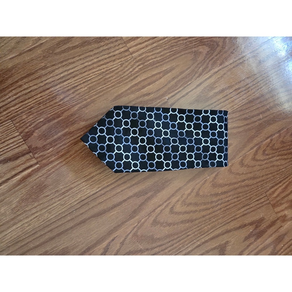 Adolfo Gold Mens Silk Necktie Black Silver‎ Blue Geometric Circles Formal Tie